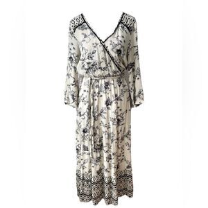 Knox Rose Floral Maxi Crochet V Neck Long Sleeve Dress Navy Cream M